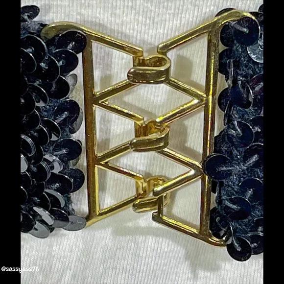▪️VTG▪️1980's Black Sequins & Gold-Tone Metal Buckle Retro Glam Belt - Picture 3 of 4